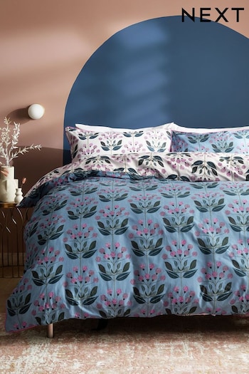 Blue 100% Cotton Reversible Floral with Pipe Edge Duvet Cover and Pillowcase Set (335343) | £25 - £55