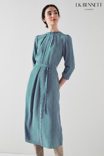 LK Bennett Blue Brigette Green and Purple Graphic Stripe Print Silk Dress (335752) | £429