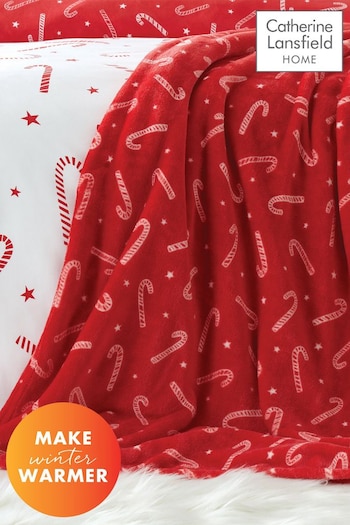 Catherine Lansfield Red Teddy Christmas Candy Cane Cosy and Warm Fleece Throw (335927) | £16