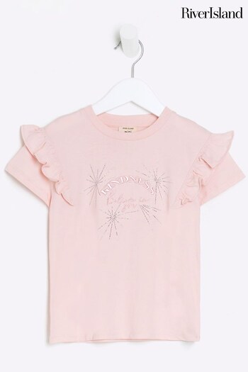 River Island Pink Girls Frill Sleeve Kindness T-Shirt (336133) | £10
