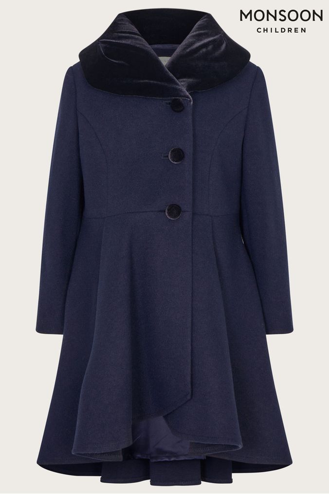 Monsoon Blue Velvet Collar High Low Coat in Wool Blend (336226) | £65 - £75