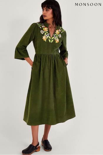 Monsoon Green Embroidered Floral Cord Dress (336438) | £90