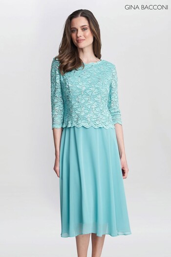 Gina Bacconi Blue Rona Midi Dress With Lace Bodice & Chiffon Skirt (336503) | £299