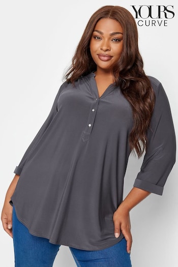 Yours Curve Grey Half Placket Jersey Top (336587) | £25