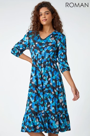 Roman Blue Petal Print Frill Hem Midi Dress (336812) | £40
