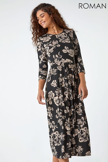 Roman Black Floral Pocket Stretch Midi Dress (337276) | £40