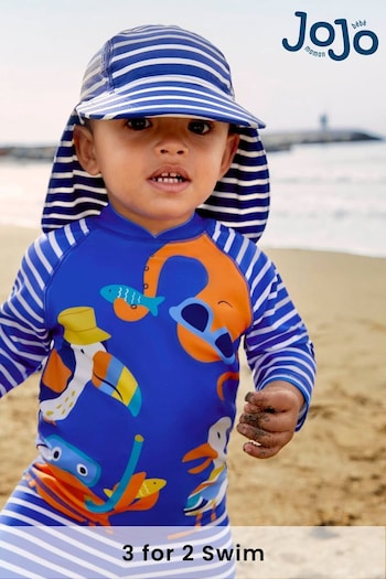 JoJo Maman Bébé Navy Kids' Stripe Flap Sun Protection Hat (337368) | £14