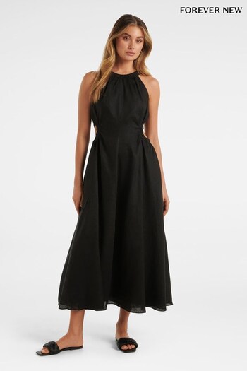 Forever New Black Pure Linen Marli Cut Waist Midi Dress (337426) | £100