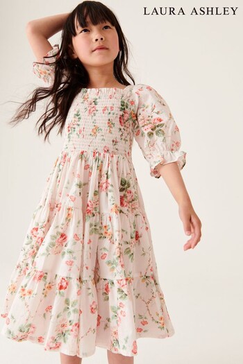 Laura Ashley Ecru White Mountney Garden Ecru Floral Shirred Midi Dress (337618) | £38 - £42