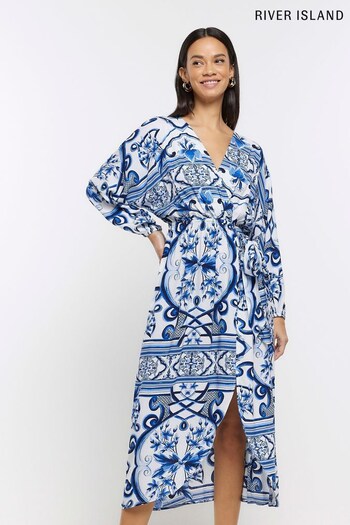 River Island Blue Tile Kimono Wrap Midi Dress (338088) | £45