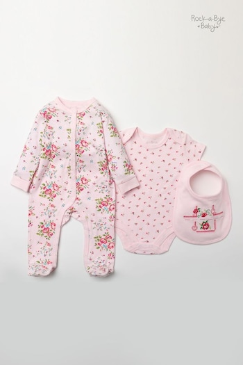 Rock-A-Bye Baby Boutique Pink Floral Print Cotton 3-Piece Baby Gift Set (338129) | £25