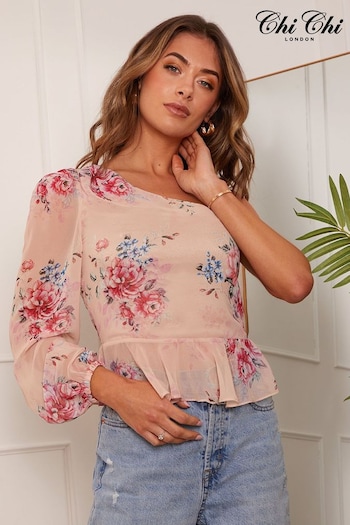 Chi Chi London Pink Long Sleeve One-Shoulder Floral Top (338989) | £75