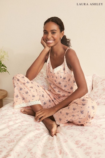 Laura Ashley Orange Wilmcote Print Textured Cotton Lace Insert Cami and Trousers Pyjamas (339198) | £55