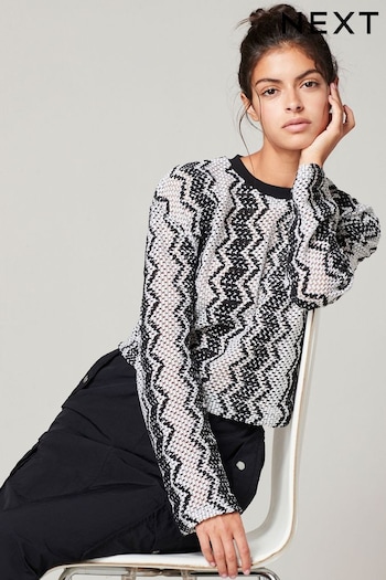 Black/White Zig Zag Stripe Crochet Crew Neck Jumper (339903) | £34