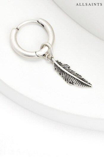 AllSaints Silver Tone Feather Charm Single Huggie Earrings (339916) | £29
