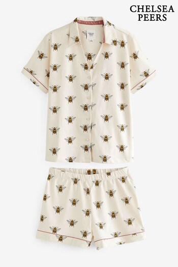 Chelsea Peers Cream Organic Cotton Bee Print V-Neck Button Up Short Pyjama Set (340179) | £35