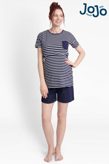 JoJo Maman Bébé Navy Stripe Maternity & Nursing Short Pyjama Set (340185) | £29