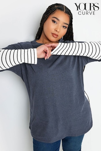 Yours Curve Blue Stripe Long Sleeve Double Layer T-Shirt (340956) | £26