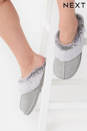 Pale Grey Suede Faux Fur Lined Mule Slippers (341007) | £23