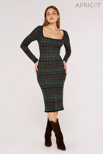Apricot Green & Brown Chevron Square Neck Midi Knit Dress (341391) | £39