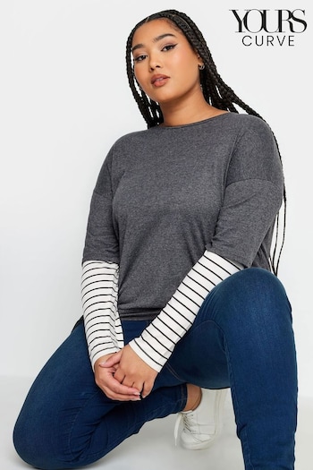 Yours Curve Grey Stripe Long Sleeve Double Layer T-Shirt (341481) | £26