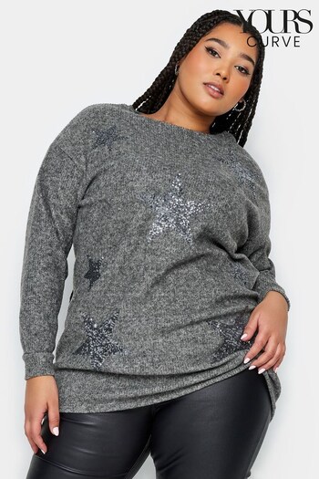 Yours Curve Grey Soft Touch Sequin Star Top (341744) | £31