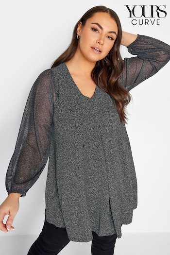Yours Curve Grey Mesh Sleeve Pleated Top (341873) | £26