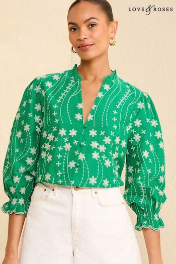 Love & Roses Green Petite Embroidered V Neck 3/4 Sleeve Blouse (342345) | £40