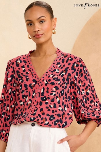 Wedding Guest Dresses Pink Petite Ruffle V Neck 3/4 Sleeve Button Up Blouse (342362) | £36