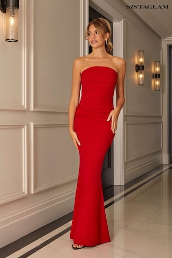 Sistaglam Red Bandeau Strapless Maxi Dress with Overlay and Knot Detail (342933) | £95