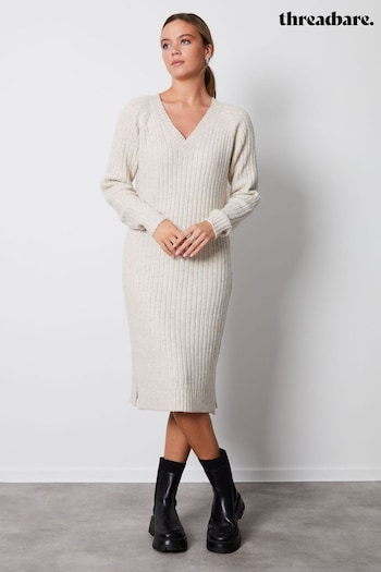 Threadbare White V-Neck Knitted Midi Dress (343016) | £35