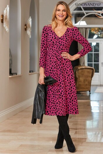 Sosandar Pink Printed Ruched Front Midi Dress (343146) | £79
