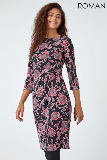 Roman Red Floral Print Ruched Waist Stretch Dress (343287) | £42