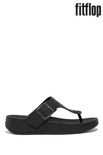 FitFlop Mens Black Trakk Li Buckle Leather Toe-Post Sandals (343598) | £90