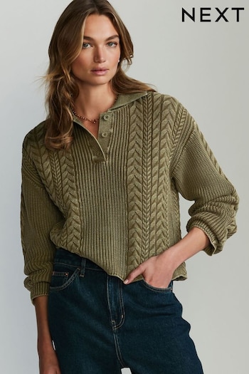 Khaki Green Knitted Polo Neck Top (343701) | £38