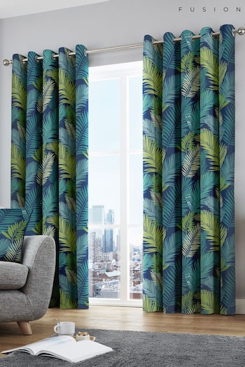 Fusion Green Tropical Leaves Lined Eyelet Curtains (343757) | £35 - £65