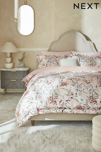 Pink 600TC Cotton Sateen Floral Duvet Cover and Pillowcase Set (343857) | £75 - £105