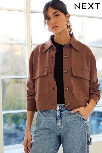 Chocolate Tan Brown Twin Pocket Utility Button Front Smart Jersey Jacket (344355) | £32