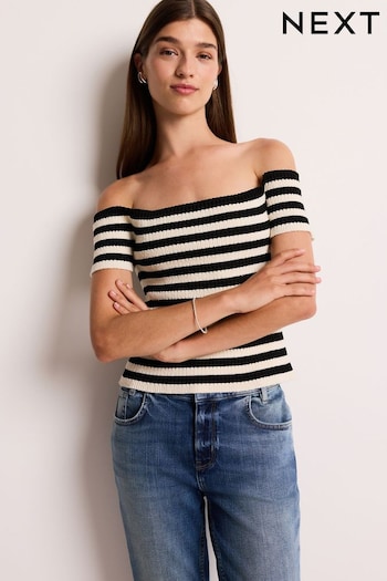 White and Black Stripe Short Sleeve Ribbed Knitted Bardot Top (344680) | £32