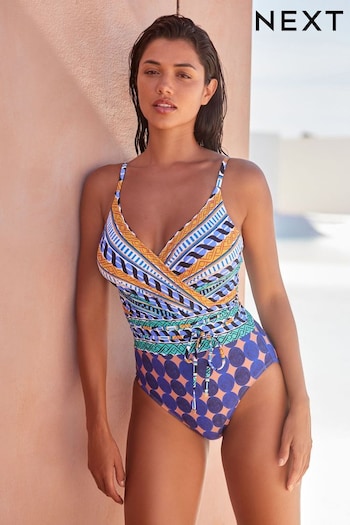 Blue Geo Print Belted Wrap Plunge Tummy Control Swimsuit (344758) | £36