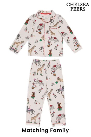 Chelsea Peers Green Kids Organic Cotton Cream Circus Animals Print Long Pyjama Set (345288) | £45