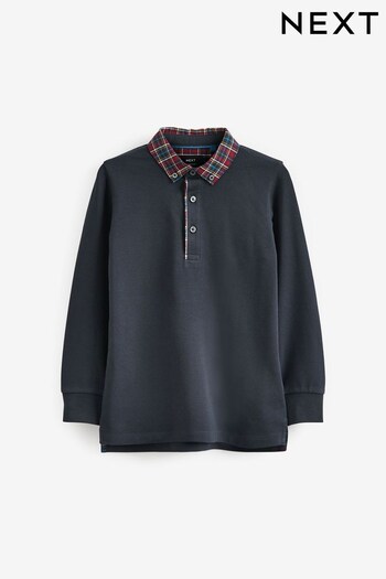 Navy Woven Check Collar Long Sleeve Polo Shirt (3-16yrs) (345365) | £11 - £16