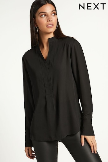 Black Long Sleeve Overhead V-Neck Relaxed Fit Blouse (345513) | £24