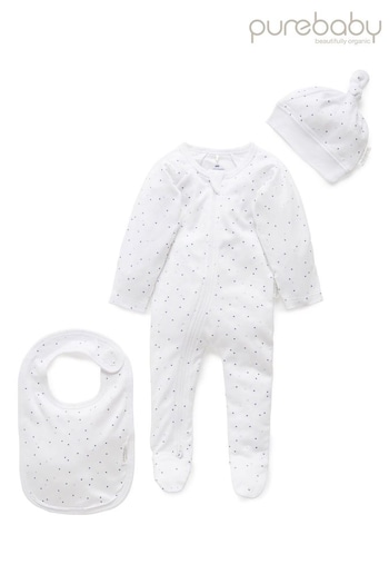 Purebaby 3 Piece Baby Hat, Bib & Sleepsuit Set (345598) | £25