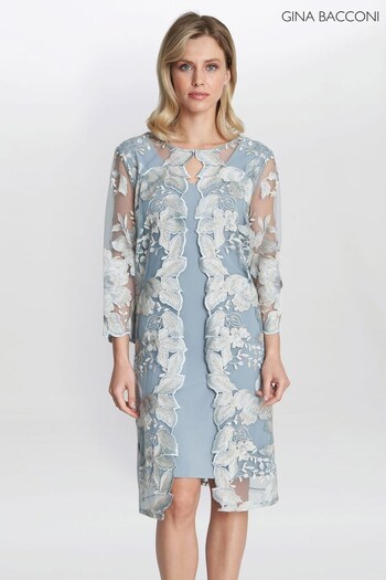 Gina Bacconi Blue Savoy Embroidered Lace Mock Jacket With Jersey Dress (345659) | £350