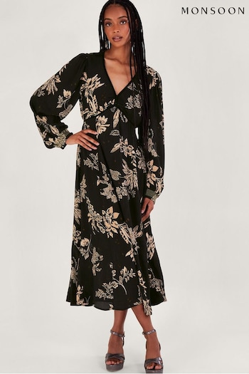 Monsoon Black Annette Floral Midi Dress (346160) | £85
