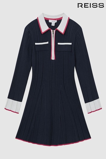 Reiss Navy Annie Junior Ribbed Colourblock Mini Dress (346562) | £68