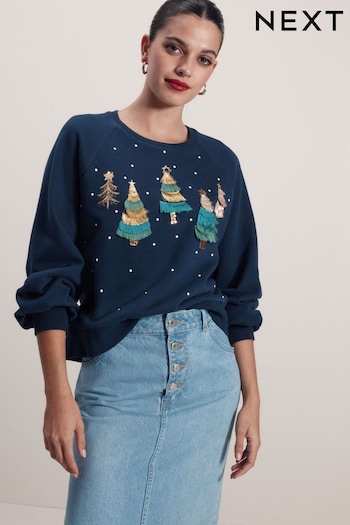 Navy Christmas Tree Tassel Detail Sparkly Embellished Sweatshirt (346748) | £34