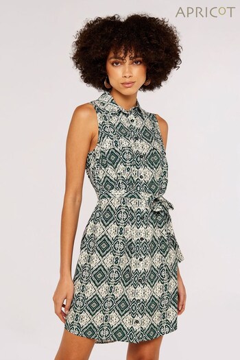 Apricot Green Ikat Tile Sleeveless Shirt Dress (346843) | £35