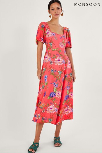 Monsoon Orange Regina Floral Print Tea Dress with Sustainable Viscose (347803) | £90